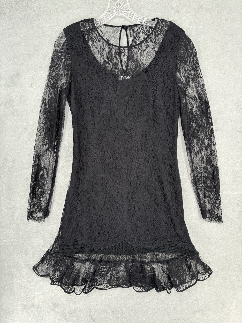 Vintage LA PERLA Black Lace Mini Dress Long Sleeve Ruffle Hem Made in Italy S 44